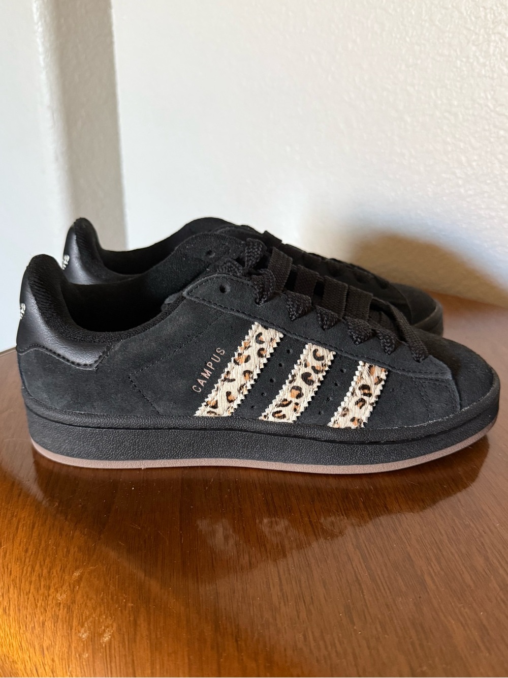 Adidas Black Suede Campus Sneakers with Leopard-Pattern Stripes